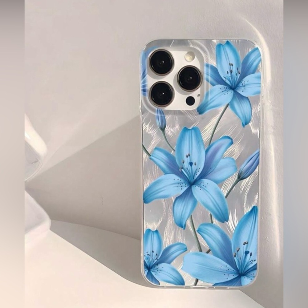 iPhone Phone Case Silver Shimmering Transparent Blue Lilys TPU